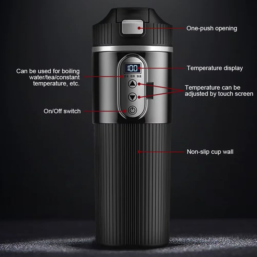 12V/24V Car Heating Cup Smart Temperature Sensor Electric Kettle Stainless Steel Thermos Cup Travel Car Coffee Mug Warmer Bottle