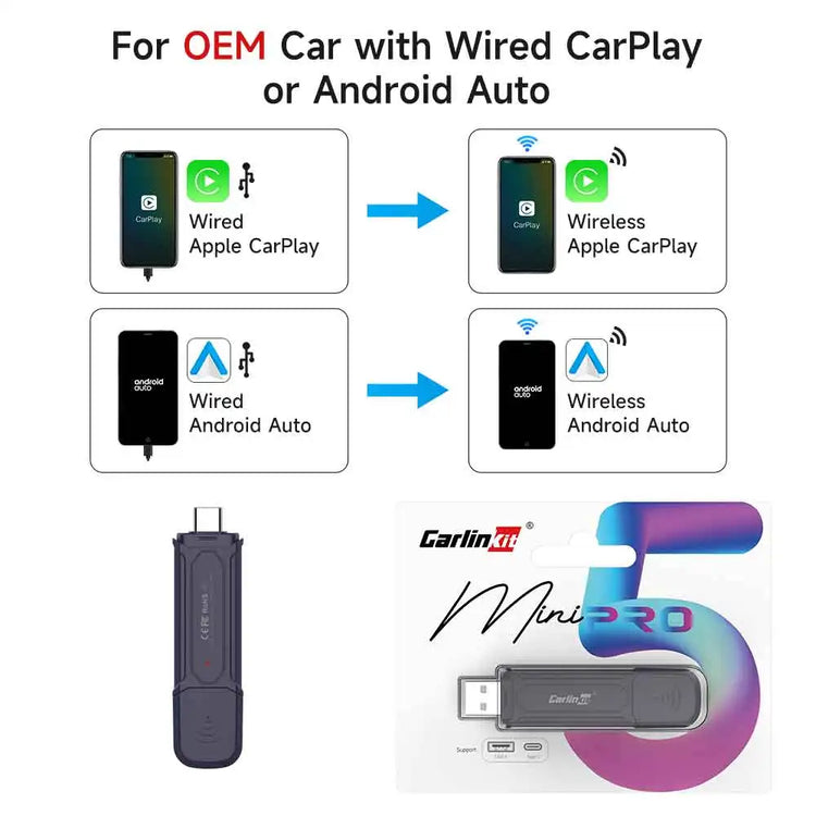 New Wireless Carplay Adapter MINI 5 USB Dongle Wired to Wireless Car Play Box Android Auto Wifi BT Fast Auto Connect.