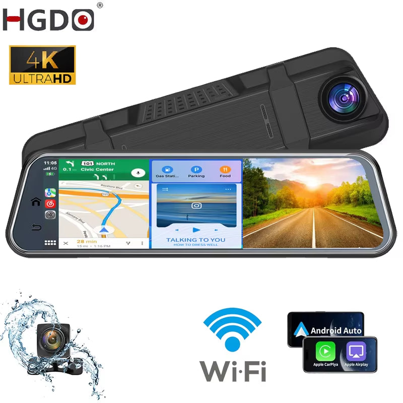 T122 10" 4K Mirror Dash Cam with Car Stereo Carplay 1080P Backup Camera Car Audio Receivers with Bluetooth Android Auto AUX.