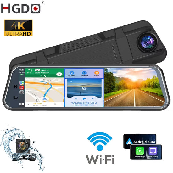 T122 10" 4K Mirror Dash Cam with Car Stereo Carplay 1080P Backup Camera Car Audio Receivers with Bluetooth Android Auto AUX.