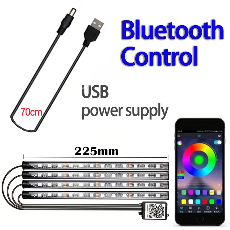 LED Car Music Light Strip 48Leds USB Smart Bluetooth APP Control Waterproof Multi-Color RGB Car Interior Atmosphere Light Strip