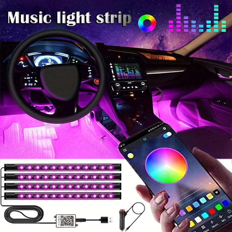 LED Car Music Light Strip 48Leds USB Smart Bluetooth APP Control Waterproof Multi-Color RGB Car Interior Atmosphere Light Strip