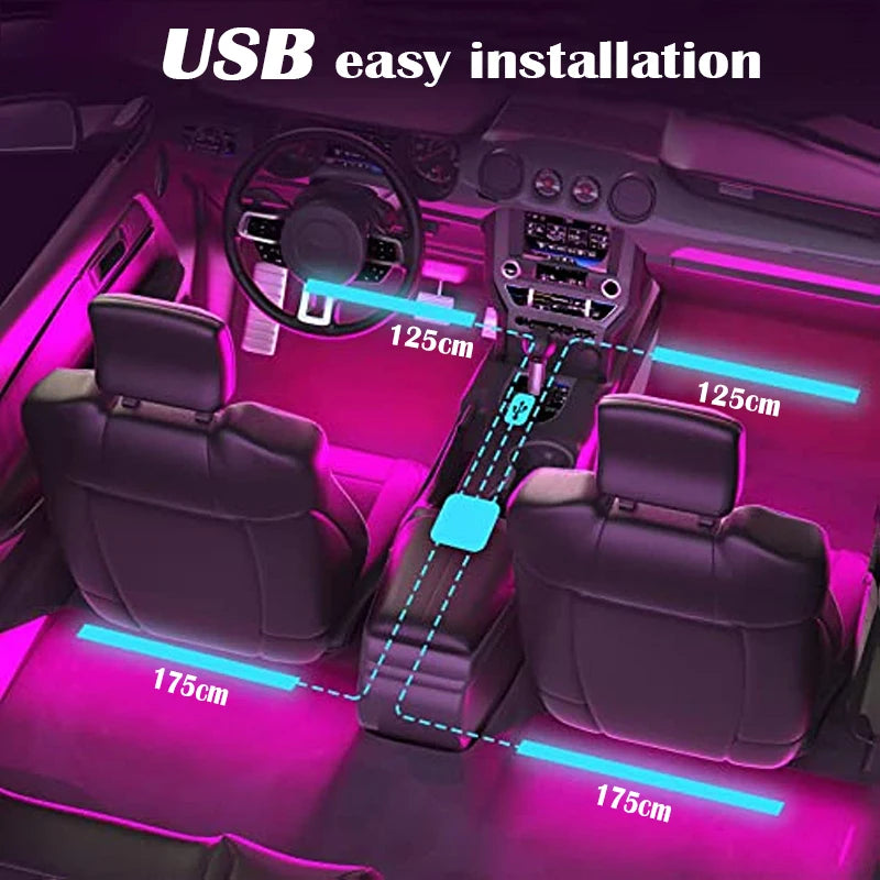LED Car Music Light Strip 48Leds USB Smart Bluetooth APP Control Waterproof Multi-Color RGB Car Interior Atmosphere Light Strip