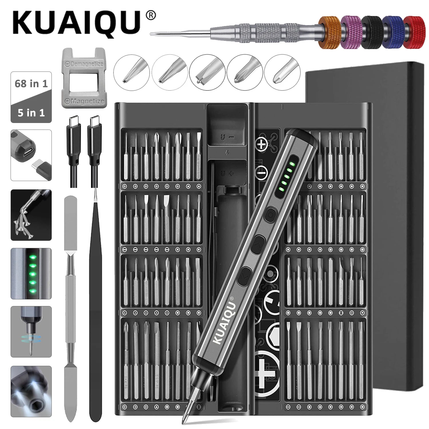 68 in 1 Precision Electric Screwdriver Set 64 Magnetic Bits 5 Torque or 5-In-1Manual Screwdriver Tool Foriphone Watch PC Glasses