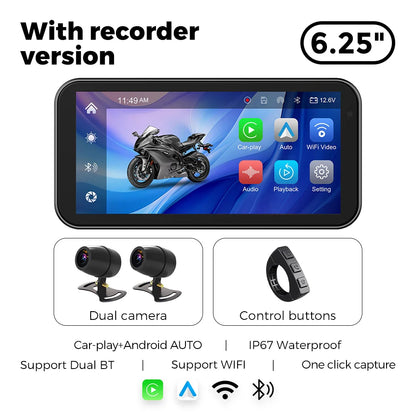6.25" 1560*720 Motorcycle GPS Navigation IP67 Waterproof Display Wireless Car Play Android Auto Moto TPMS Dual 1080P Recording.