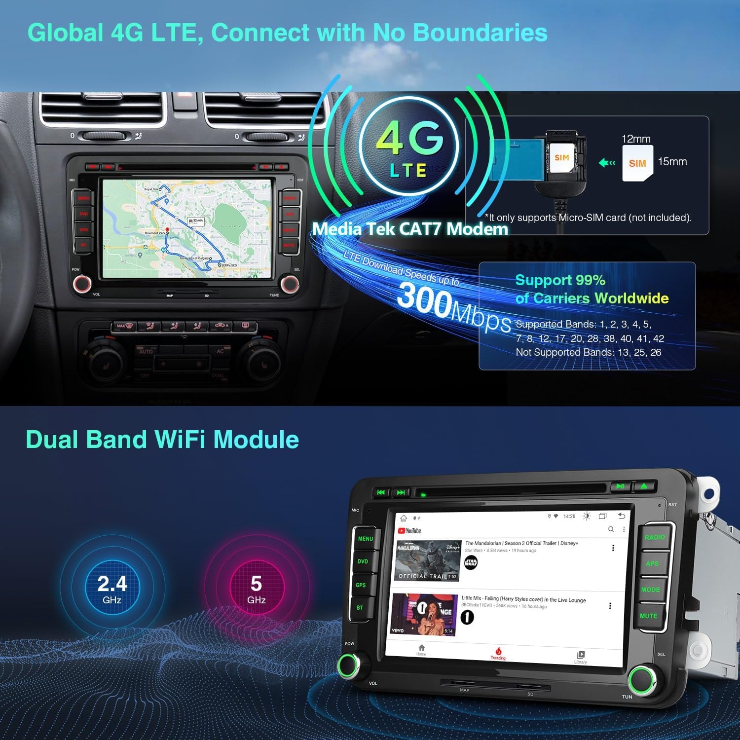 7 Inch Octa Core Double Din Android 13 Car Stereo DVD Player GPS Navigation Built-In 4G WIFI Wireless Car Play DSP RDS Radio A2DP Bluetooth Support AHD Camera DVR Dab+For VW Seat Skoda.