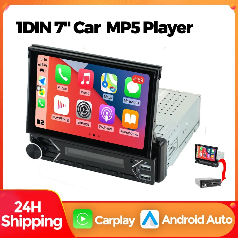 ZD1 7“ 1 Din Carplay Car Radio Android Auto Multimedia Retractable HD Touch Screen FM AUX BT USB Mirrorlink Universal Autoradio.