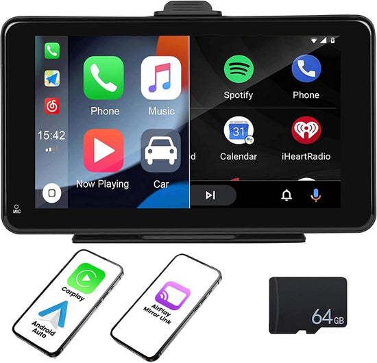 Carplay Screen for Car with Backup Camera + 64GB TF Card, 7 Inch Portable Touch Screen Car Stereo with Wireless Carplay and Android Auto Bluetooth Hands Free Call Mirrorlink/Gps/Siri/Fm/Aux.