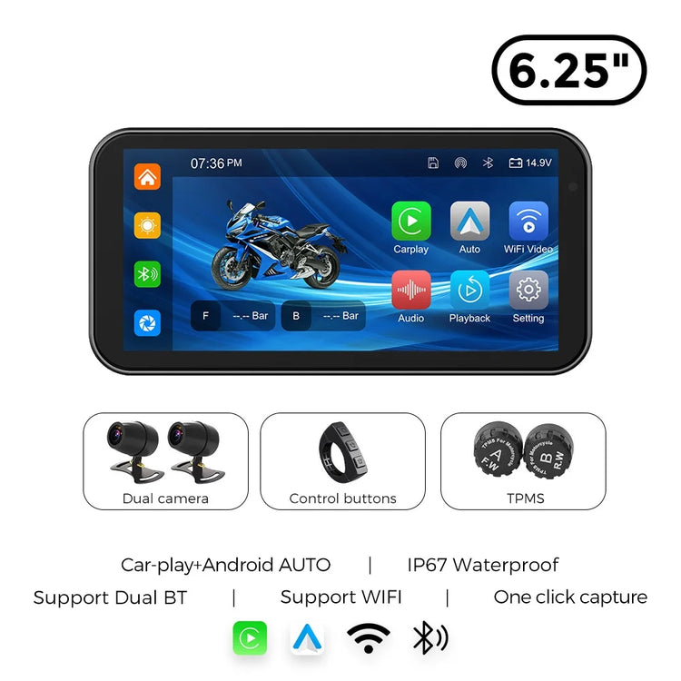 6.25" 1560*720 Motorcycle GPS Navigation IP67 Waterproof Display Wireless Car Play Android Auto Moto TPMS Dual 1080P Recording.