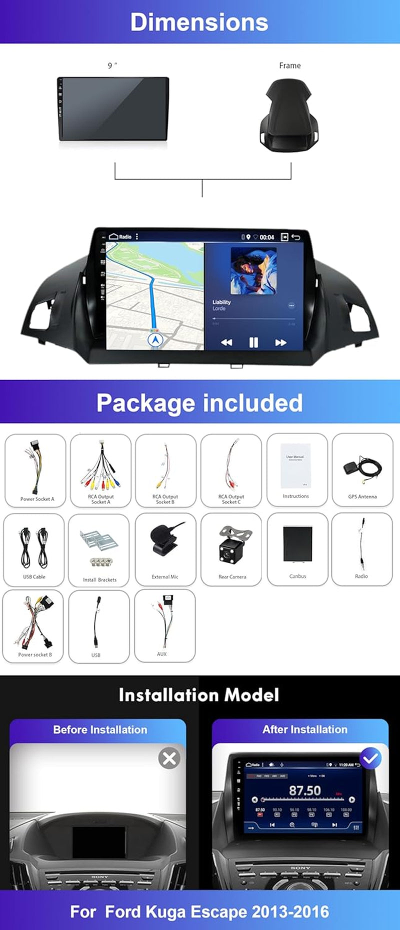 Octa Core 6GB+128GB for Ford Kuga Escape C-Max 2013-2017 Double Din Car Stereo, Android 14 Car Radio Player,9 Inch IPS Touch Screen GPS Navigation Bluetooth Head Unit DSP Car Play Android Auto.