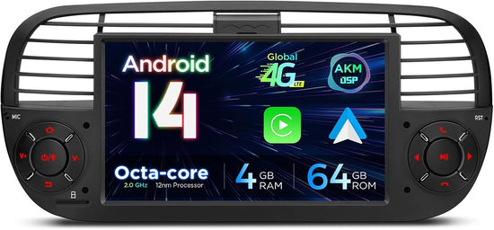 7" Android 14 1 Din Car Stereo 4+64GB for Fiat 500(2007-2015) Black, Octa-Core Radio Player, Built-In 4G ASM DSP 2K Carautoplay Android Auto GPS Navigation Bluetooth 5.0 New UI, Optional DAB+.