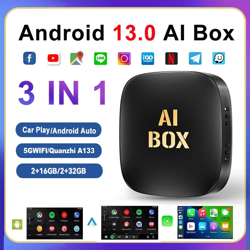 NEW Carplay Ai Box Android 13 Wireless Carplay Android Auto Car Video TV Box Wifi 2GB+32GB for Netflix Youtube Play Store.