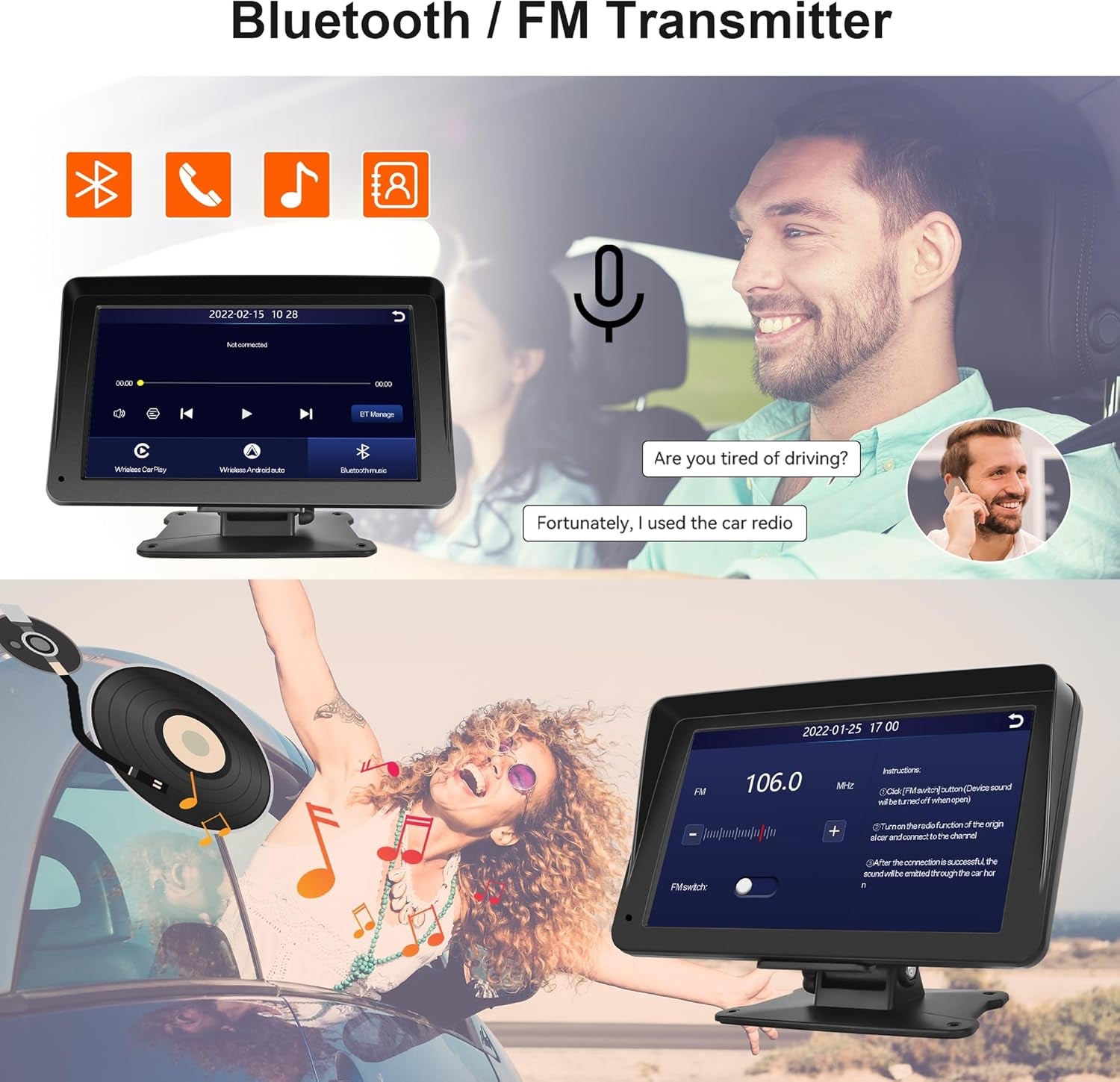 Portable Car Radio Wireless Carplay Screen Android Auto Screen,  7 Inch Touchscreen Bluetooth Portable Car Radio with FM Transmitter Voice Control.