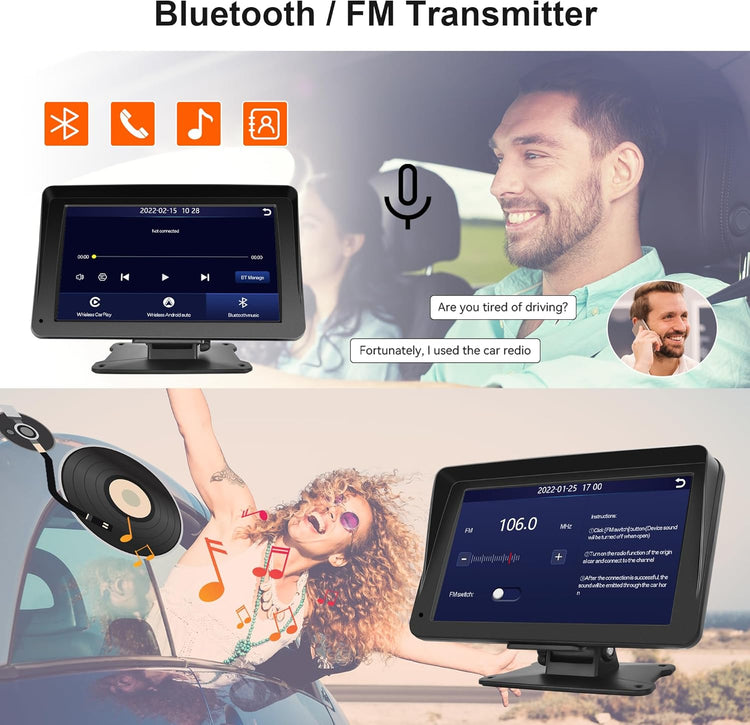 Portable Car Radio Wireless Carplay Screen Android Auto Screen,  7 Inch Touchscreen Bluetooth Portable Car Radio with FM Transmitter Voice Control.