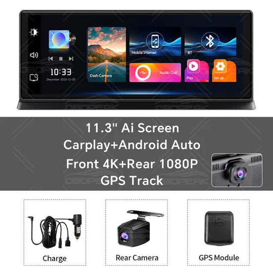 K2 Pro 11.3" Dash Cam 4K Front + Rear + GPS Wireless Android Auto Apple Car Play.
