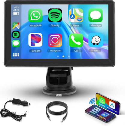 7 Inch Portable Car Play Stereo Touch Screen  Portable Carplay Car Radio with Wireless Android Auto Airplay Android Cast, Bluetooth, GPS Navigation, FM Transmit, AUX, Voice Control.