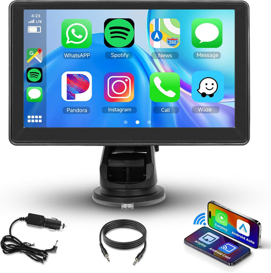 7 Inch Portable Car Play Stereo Touch Screen  Portable Carplay Car Radio with Wireless Android Auto Airplay Android Cast, Bluetooth, GPS Navigation, FM Transmit, AUX, Voice Control.
